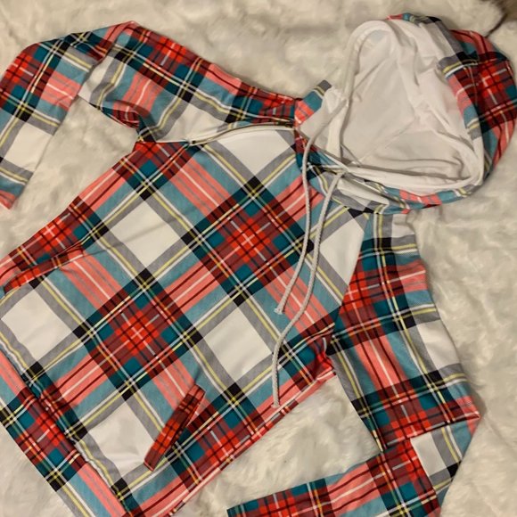 Plaid Thumbhole Double Hooded Cowl. Neck Shirt - Picture 3 of 12